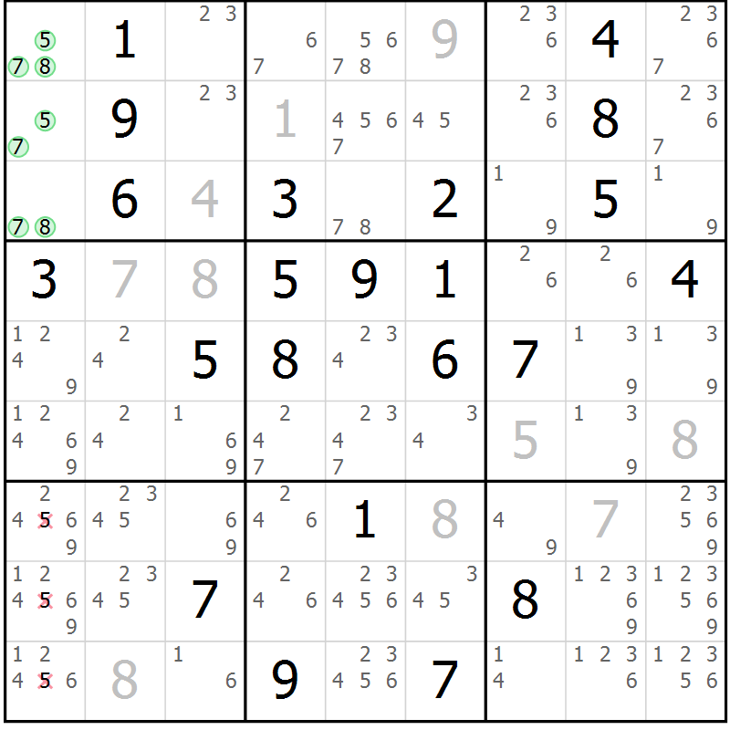 Position des candidats pour la solution de la Gr 117 page 120 du magazine de sudoku Giga sudoku niv 6-8 n° 032