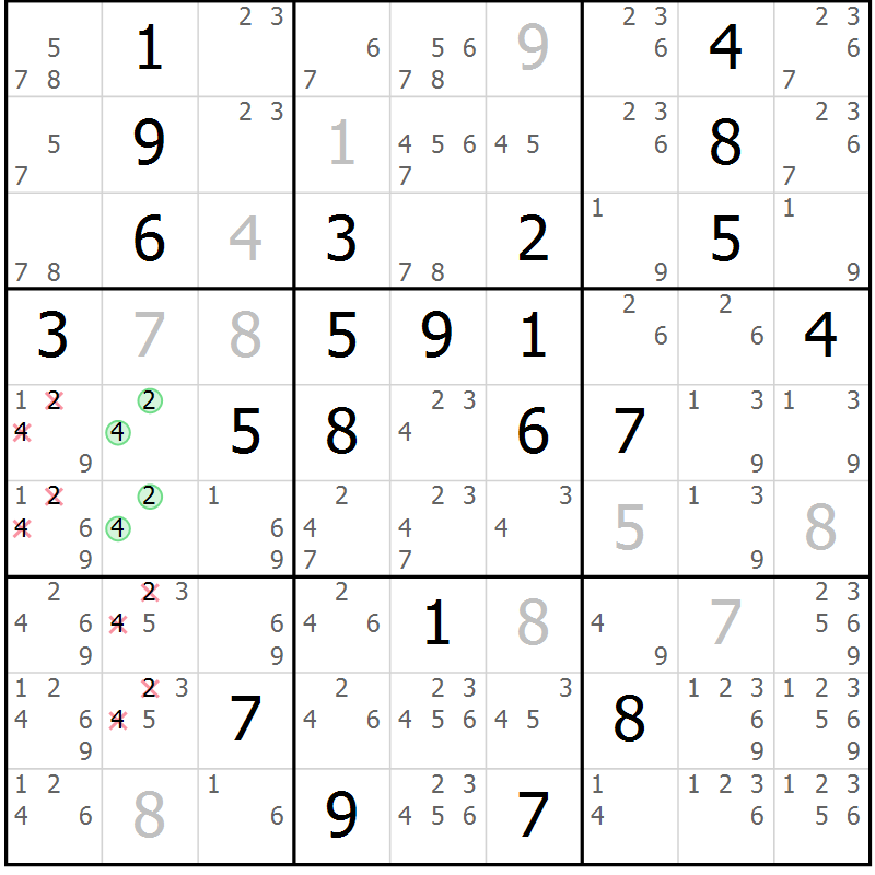 Position des candidats pour la solution de la Gr 117 page 120 du magazine de sudoku Giga sudoku niv 6-8 n° 032