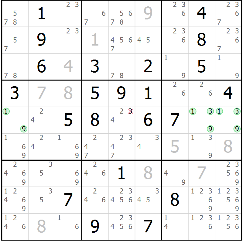 Position des candidats pour la solution de la Gr 117 page 120 du magazine de sudoku Giga sudoku niv 6-8 n° 032