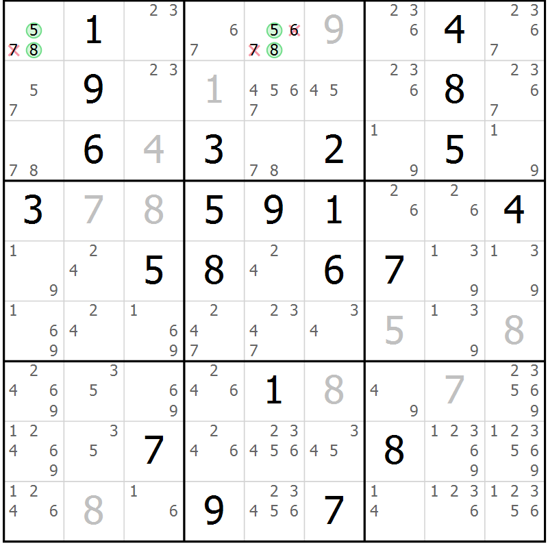 Position des candidats pour la solution de la Gr 117 page 120 du magazine de sudoku Giga sudoku niv 6-8 n° 032