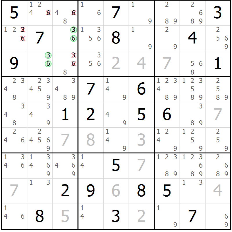 Position des candidats pour la solution de la Gr 118 page 121 du magazine de sudoku Giga sudoku niv 6-8 n° 032