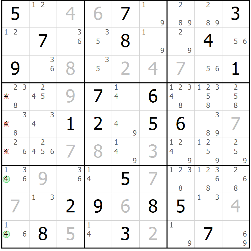 Position des candidats pour la solution de la Gr 118 page 121 du magazine de sudoku Giga sudoku niv 6-8 n° 032