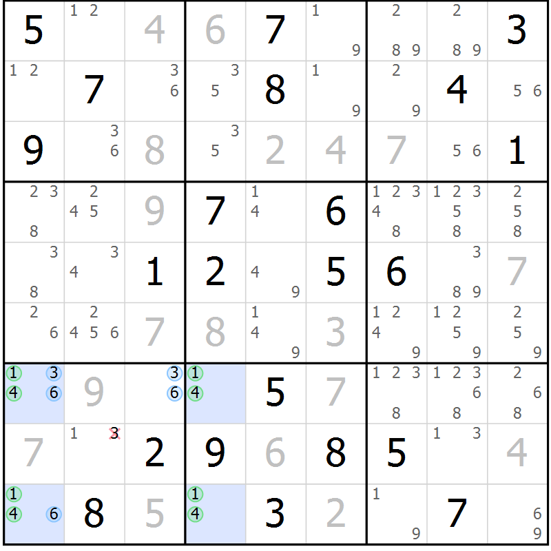 Position des candidats pour la solution de la Gr 118 page 121 du magazine de sudoku Giga sudoku niv 6-8 n° 032