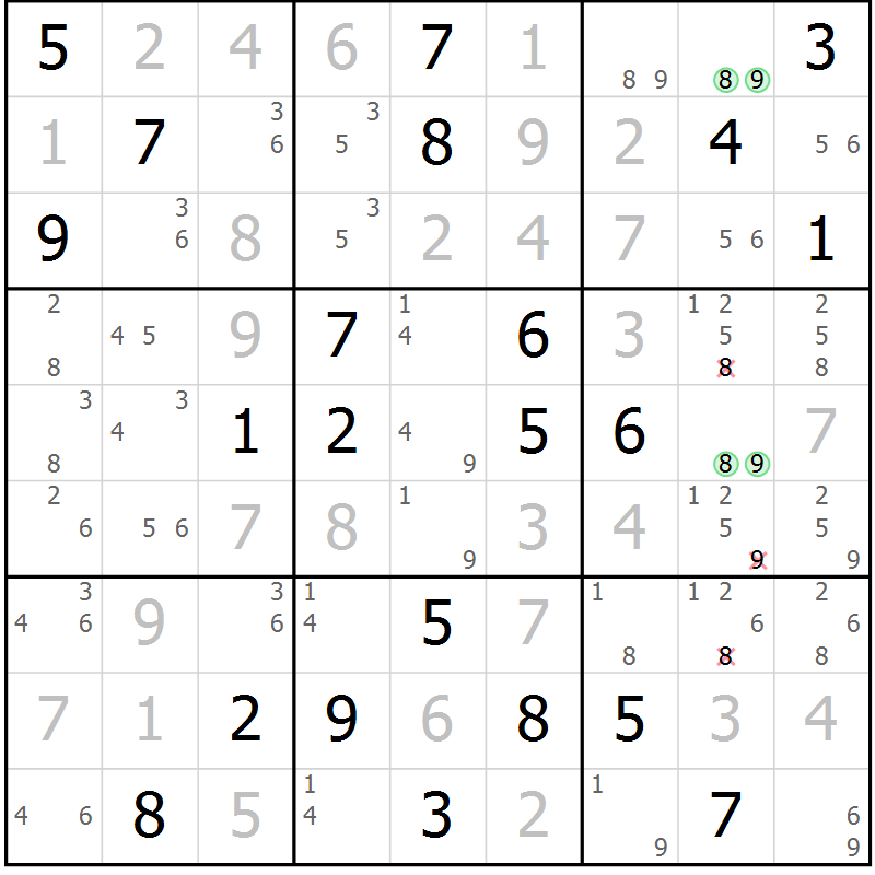 Position des candidats pour la solution de la Gr 118 page 121 du magazine de sudoku Giga sudoku niv 6-8 n° 032