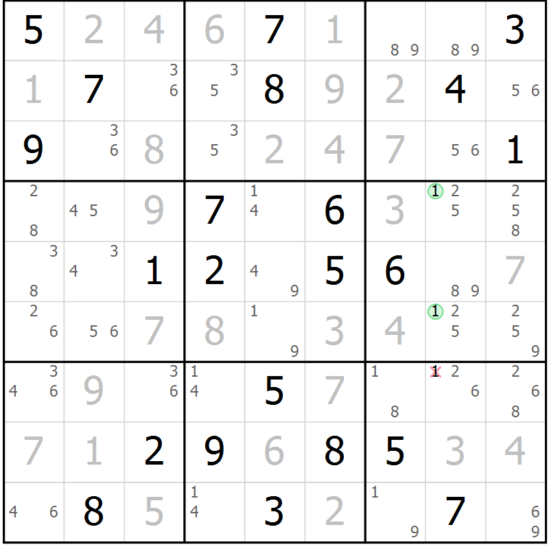 Position des candidats pour la solution de la Gr 118 page 121 du magazine de sudoku Giga sudoku niv 6-8 n° 032