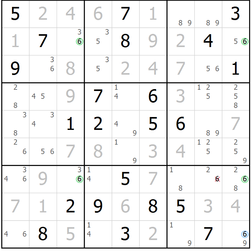 Position des candidats pour la solution de la Gr 118 page 121 du magazine de sudoku Giga sudoku niv 6-8 n° 032