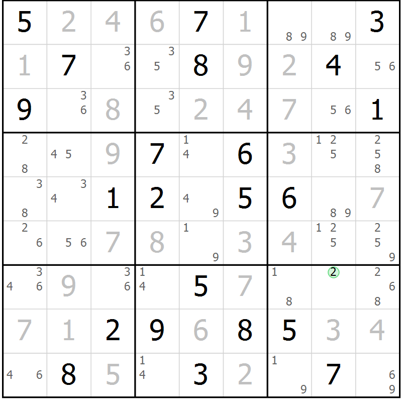 Position des candidats pour la solution de la Gr 118 page 121 du magazine de sudoku Giga sudoku niv 6-8 n° 032