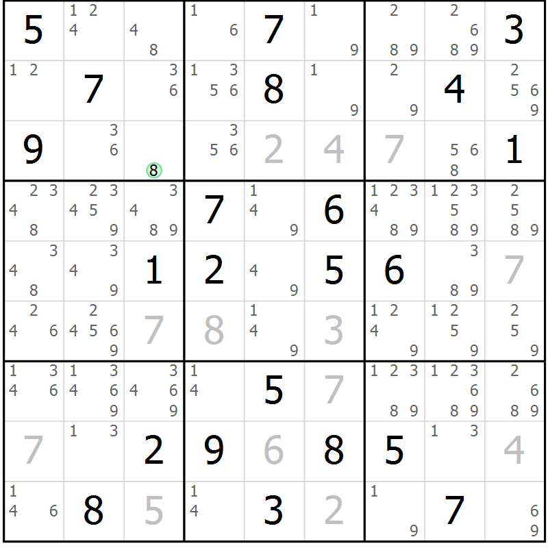 Position des candidats pour la solution de la Gr 118 page 121 du magazine de sudoku Giga sudoku niv 6-8 n° 032
