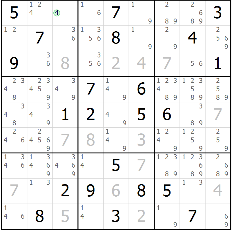Position des candidats pour la solution de la Gr 118 page 121 du magazine de sudoku Giga sudoku niv 6-8 n° 032