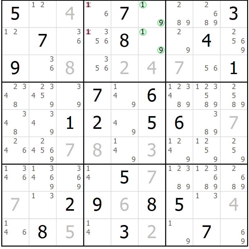 Position des candidats pour la solution de la Gr 118 page 121 du magazine de sudoku Giga sudoku niv 6-8 n° 032
