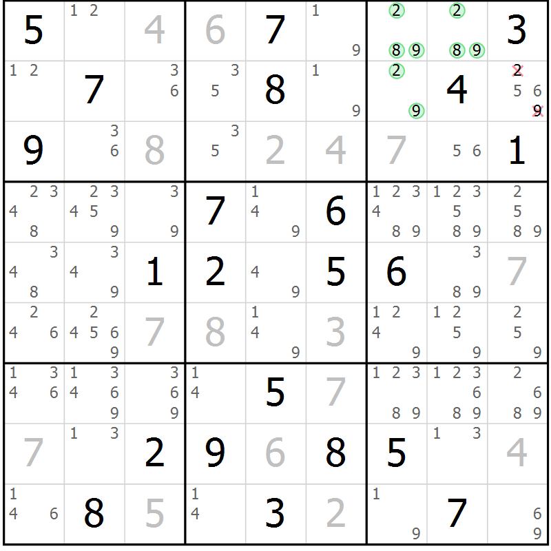 Position des candidats pour la solution de la Gr 118 page 121 du magazine de sudoku Giga sudoku niv 6-8 n° 032
