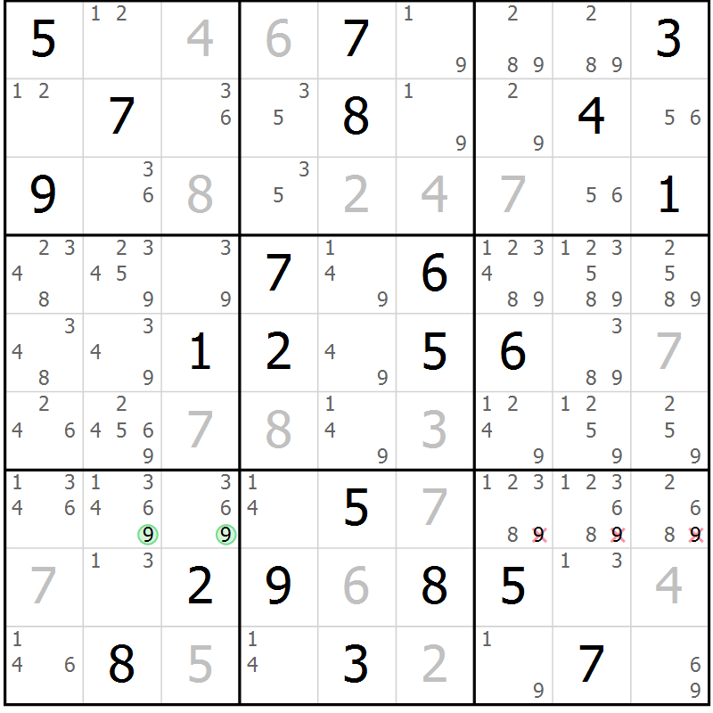 Position des candidats pour la solution de la Gr 118 page 121 du magazine de sudoku Giga sudoku niv 6-8 n° 032