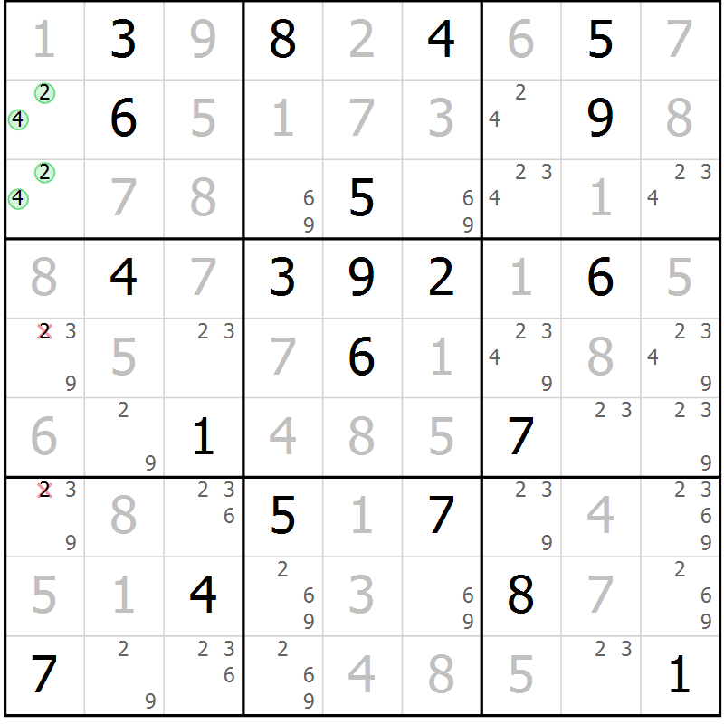 Position des candidats pour la solution de la Gr 119 page 122 du magazine de sudoku Giga sudoku niv 6-8 n° 032