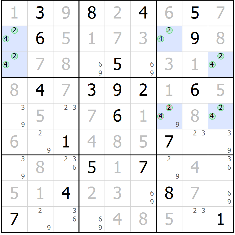 Position des candidats pour la solution de la Gr 119 page 122 du magazine de sudoku Giga sudoku niv 6-8 n° 032