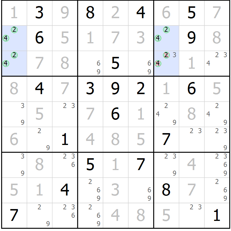 Position des candidats pour la solution de la Gr 119 page 122 du magazine de sudoku Giga sudoku niv 6-8 n° 032