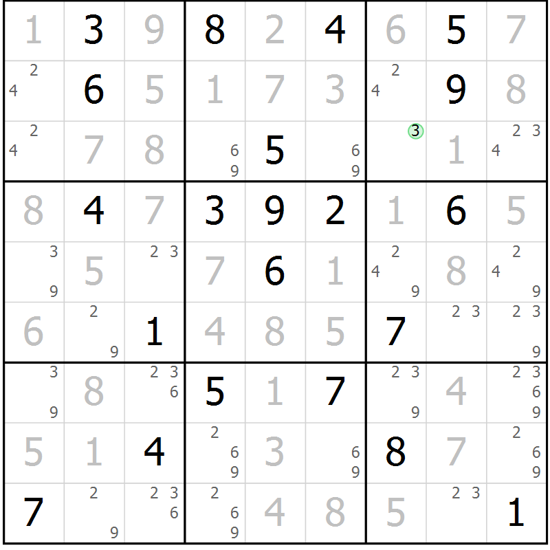 Position des candidats pour la solution de la Gr 119 page 122 du magazine de sudoku Giga sudoku niv 6-8 n° 032