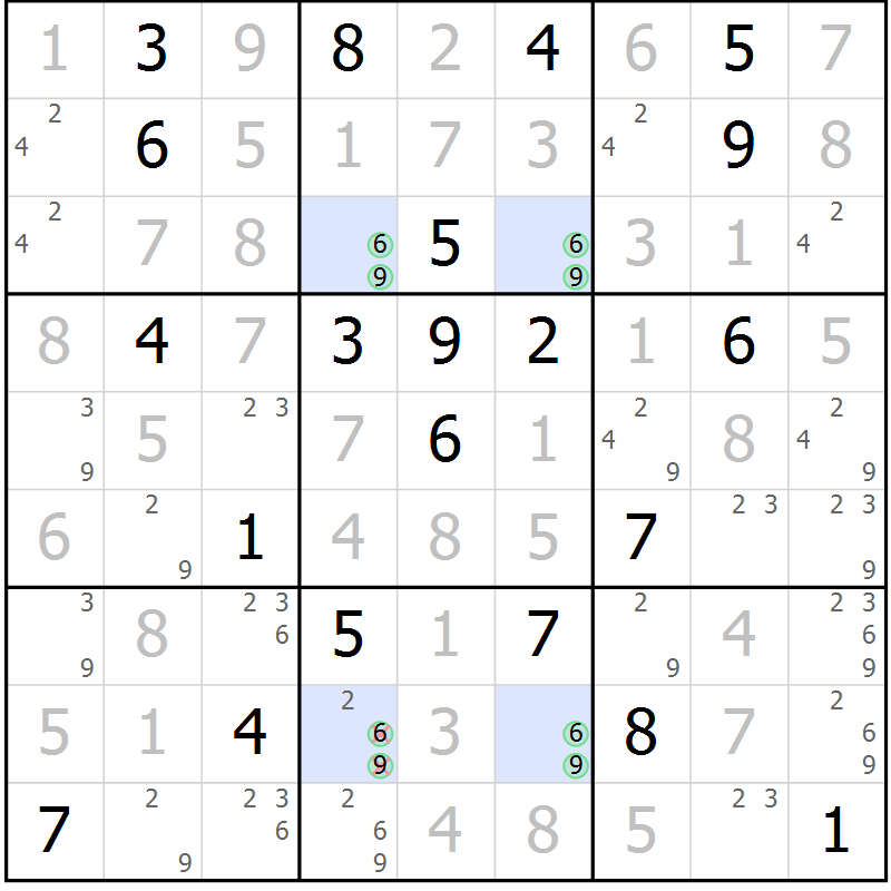 Position des candidats pour la solution de la Gr 119 page 122 du magazine de sudoku Giga sudoku niv 6-8 n° 032