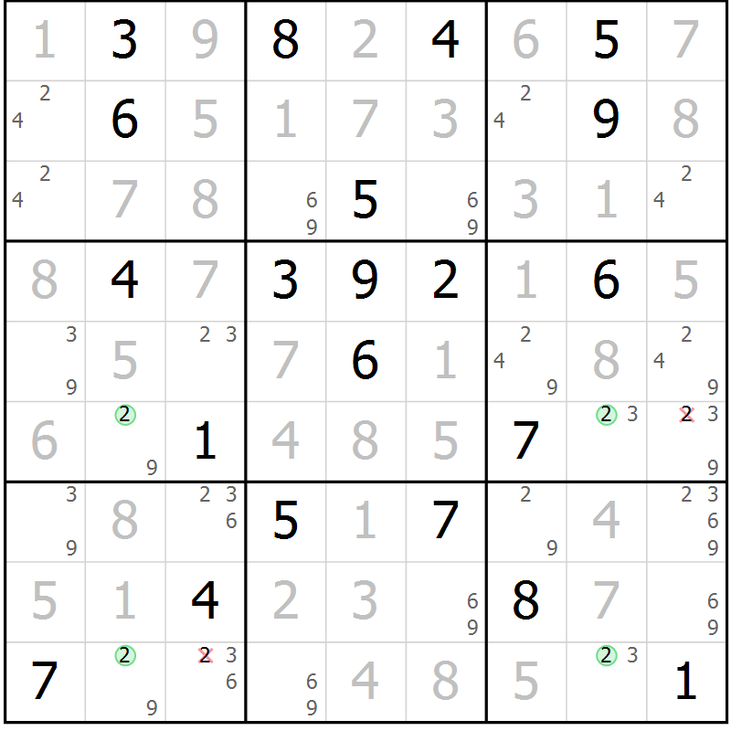 Position des candidats pour la solution de la Gr 119 page 122 du magazine de sudoku Giga sudoku niv 6-8 n° 032