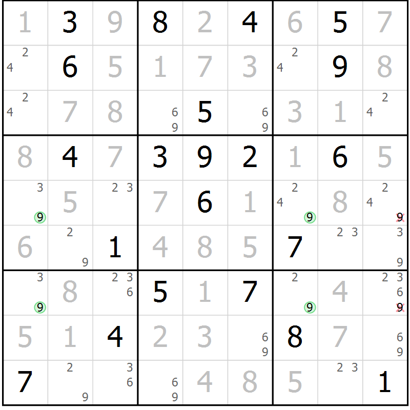 Position des candidats pour la solution de la Gr 119 page 122 du magazine de sudoku Giga sudoku niv 6-8 n° 032