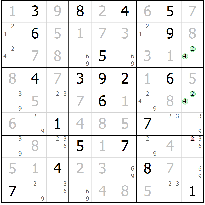 Position des candidats pour la solution de la Gr 119 page 122 du magazine de sudoku Giga sudoku niv 6-8 n° 032
