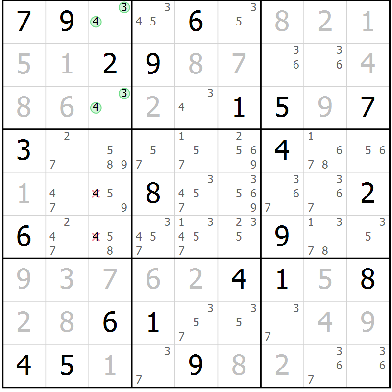 Position des candidats pour la solution de la Gr 120 page 123 du magazine de sudoku Giga sudoku niv 6-8 n° 032