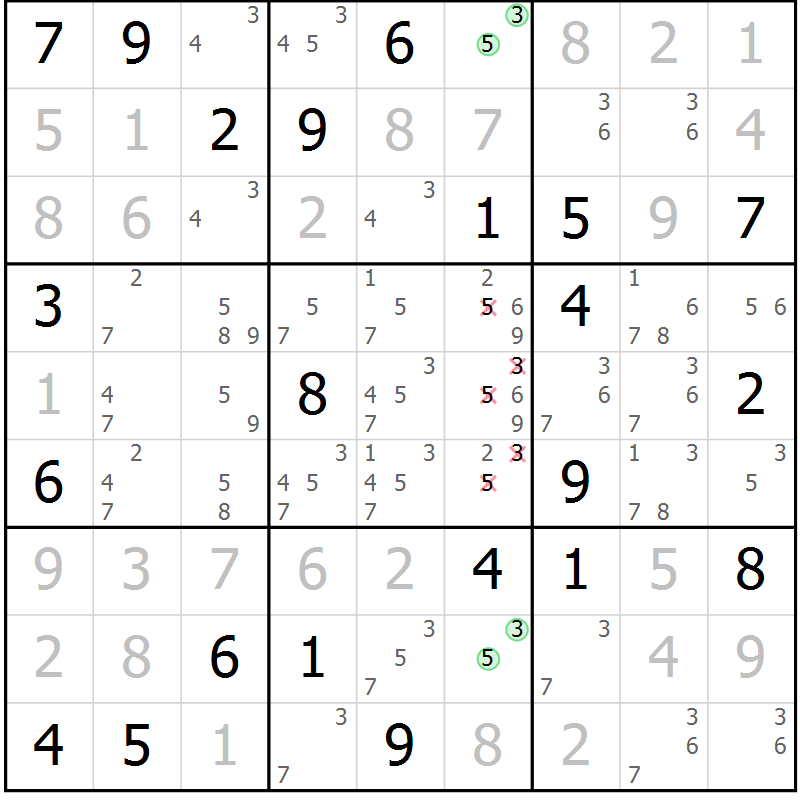 Position des candidats pour la solution de la Gr 120 page 123 du magazine de sudoku Giga sudoku niv 6-8 n° 032