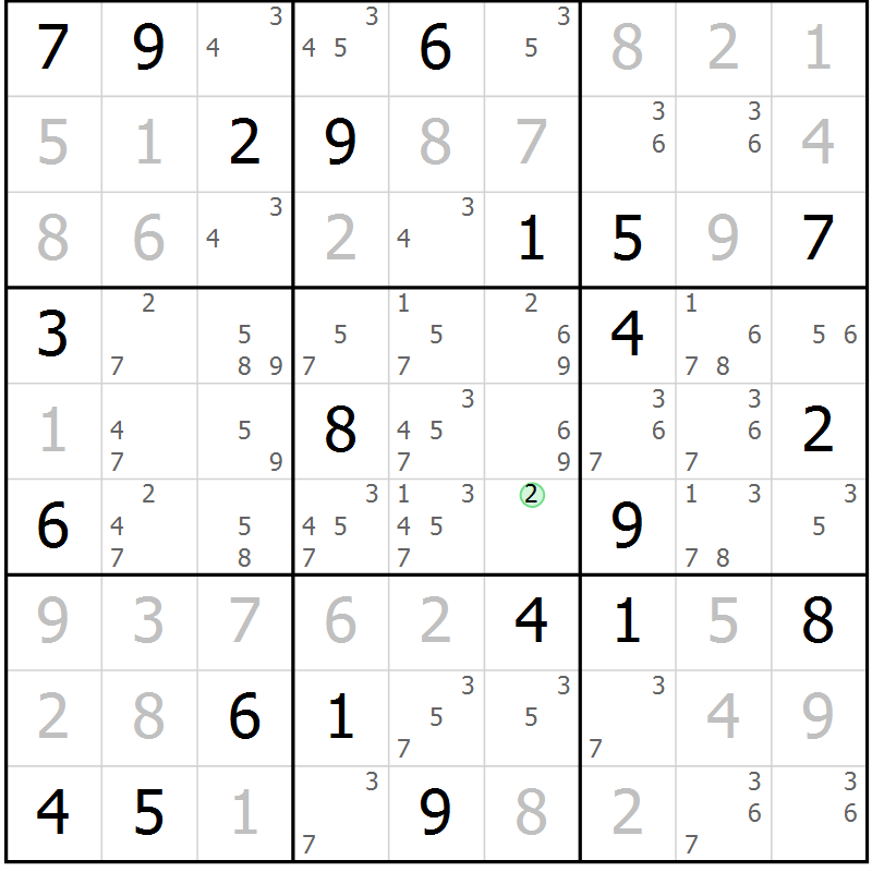 Position des candidats pour la solution de la Gr 120 page 123 du magazine de sudoku Giga sudoku niv 6-8 n° 032