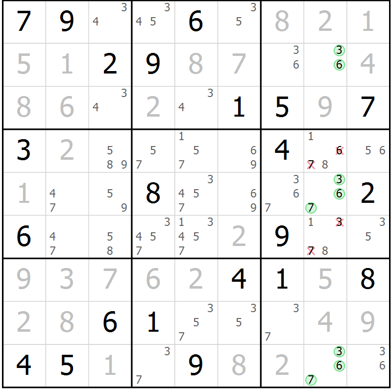 Position des candidats pour la solution de la Gr 120 page 123 du magazine de sudoku Giga sudoku niv 6-8 n° 032