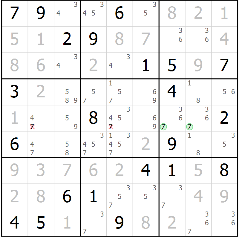 Position des candidats pour la solution de la Gr 120 page 123 du magazine de sudoku Giga sudoku niv 6-8 n° 032