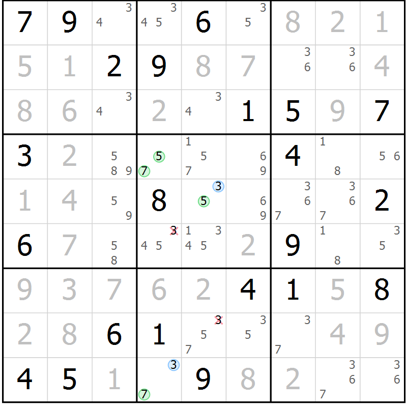 Position des candidats pour la solution de la Gr 120 page 123 du magazine de sudoku Giga sudoku niv 6-8 n° 032
