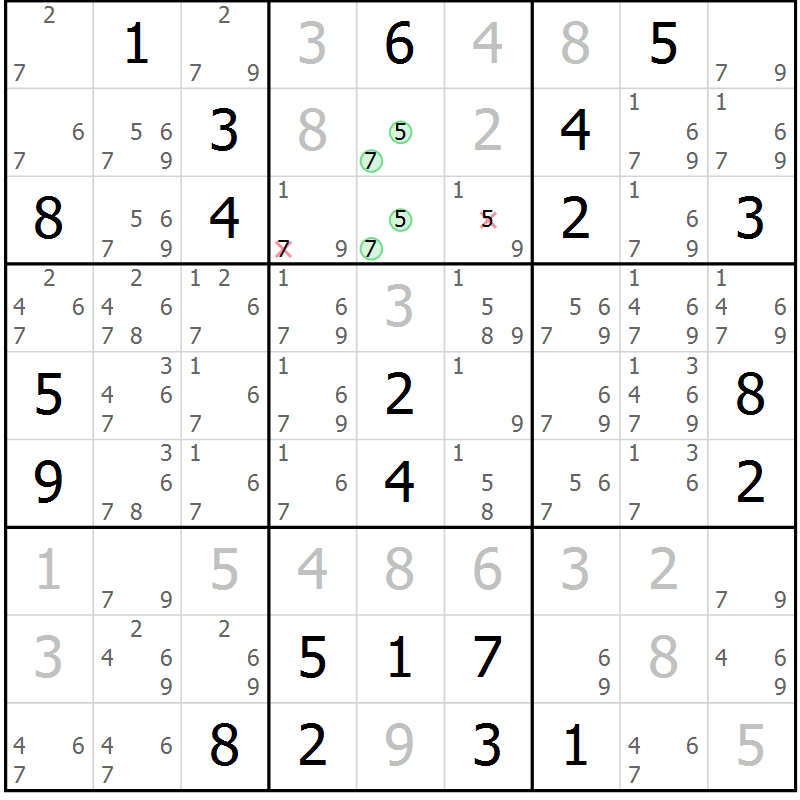 Position des candidats pour la solution de la Gr 121 page 124 du magazine de sudoku Giga sudoku niv 6-8 n° 032