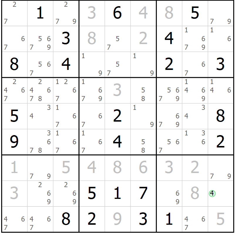 Position des candidats pour la solution de la Gr 121 page 124 du magazine de sudoku Giga sudoku niv 6-8 n° 032