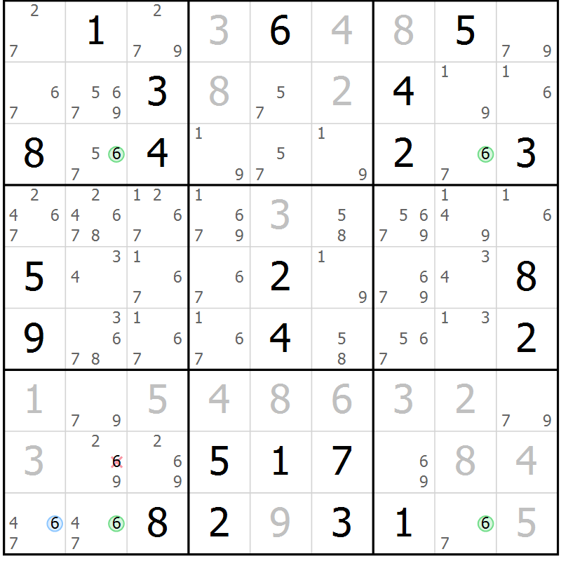Position des candidats pour la solution de la Gr 121 page 124 du magazine de sudoku Giga sudoku niv 6-8 n° 032