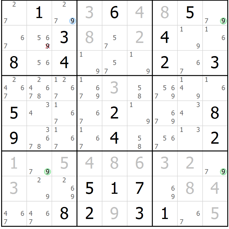 Position des candidats pour la solution de la Gr 121 page 124 du magazine de sudoku Giga sudoku niv 6-8 n° 032