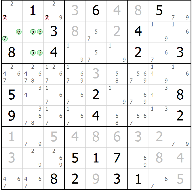 Position des candidats pour la solution de la Gr 121 page 124 du magazine de sudoku Giga sudoku niv 6-8 n° 032