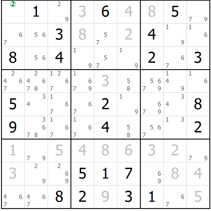 Position des candidats pour la solution de la Gr 121 page 124 du magazine de sudoku Giga sudoku niv 6-8 n° 032