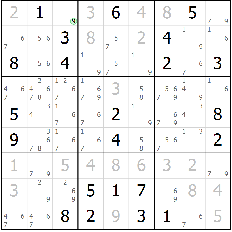 Position des candidats pour la solution de la Gr 121 page 124 du magazine de sudoku Giga sudoku niv 6-8 n° 032