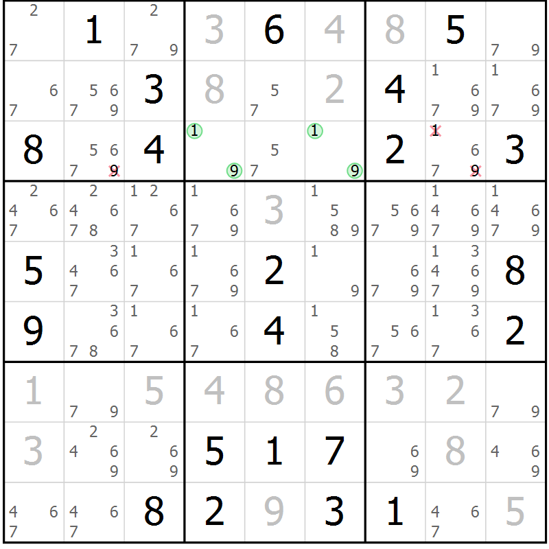 Position des candidats pour la solution de la Gr 121 page 124 du magazine de sudoku Giga sudoku niv 6-8 n° 032