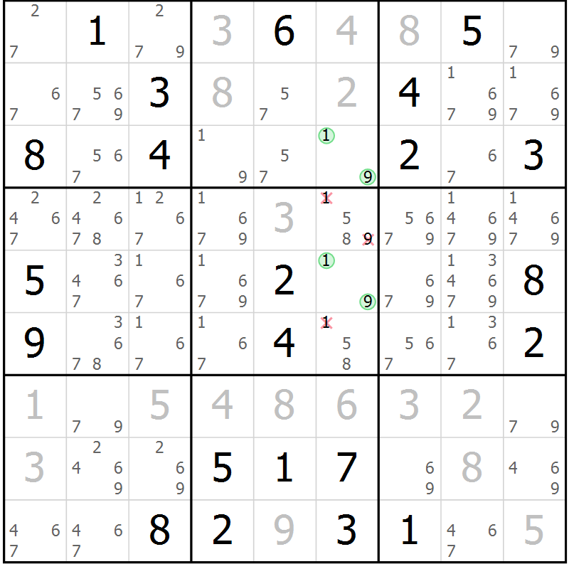 Position des candidats pour la solution de la Gr 121 page 124 du magazine de sudoku Giga sudoku niv 6-8 n° 032