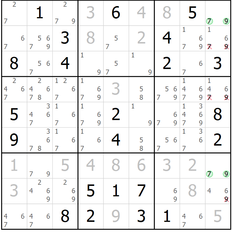 Position des candidats pour la solution de la Gr 121 page 124 du magazine de sudoku Giga sudoku niv 6-8 n° 032