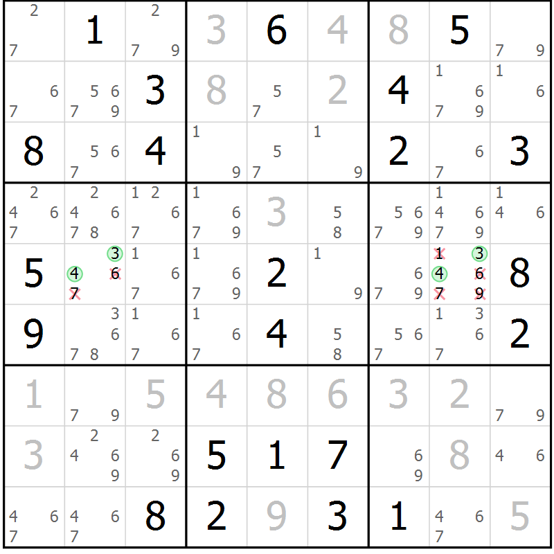 Position des candidats pour la solution de la Gr 121 page 124 du magazine de sudoku Giga sudoku niv 6-8 n° 032
