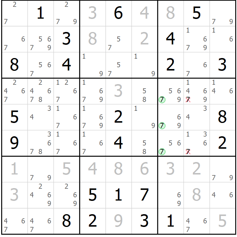 Position des candidats pour la solution de la Gr 121 page 124 du magazine de sudoku Giga sudoku niv 6-8 n° 032