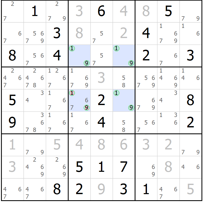 Position des candidats pour la solution de la Gr 121 page 124 du magazine de sudoku Giga sudoku niv 6-8 n° 032