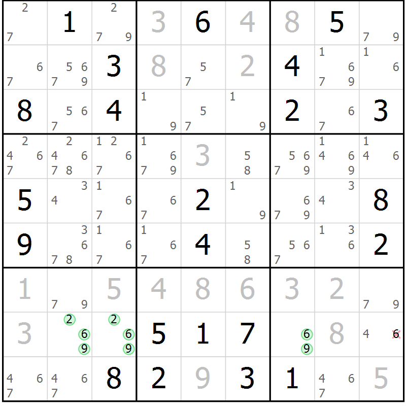 Position des candidats pour la solution de la Gr 121 page 124 du magazine de sudoku Giga sudoku niv 6-8 n° 032