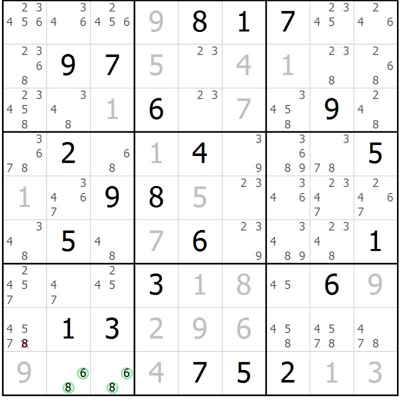 Position des candidats pour la solution de la Gr 122 page 125 du magazine de sudoku Giga sudoku niv 6-8 n° 032