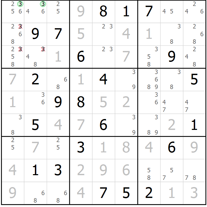 Position des candidats pour la solution de la Gr 122 page 125 du magazine de sudoku Giga sudoku niv 6-8 n° 032