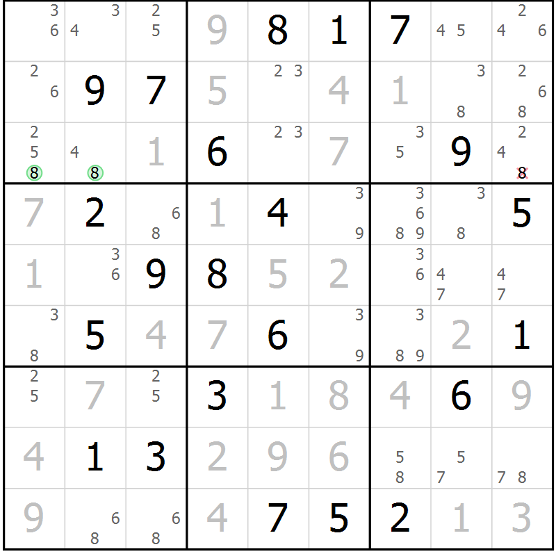 Position des candidats pour la solution de la Gr 122 page 125 du magazine de sudoku Giga sudoku niv 6-8 n° 032