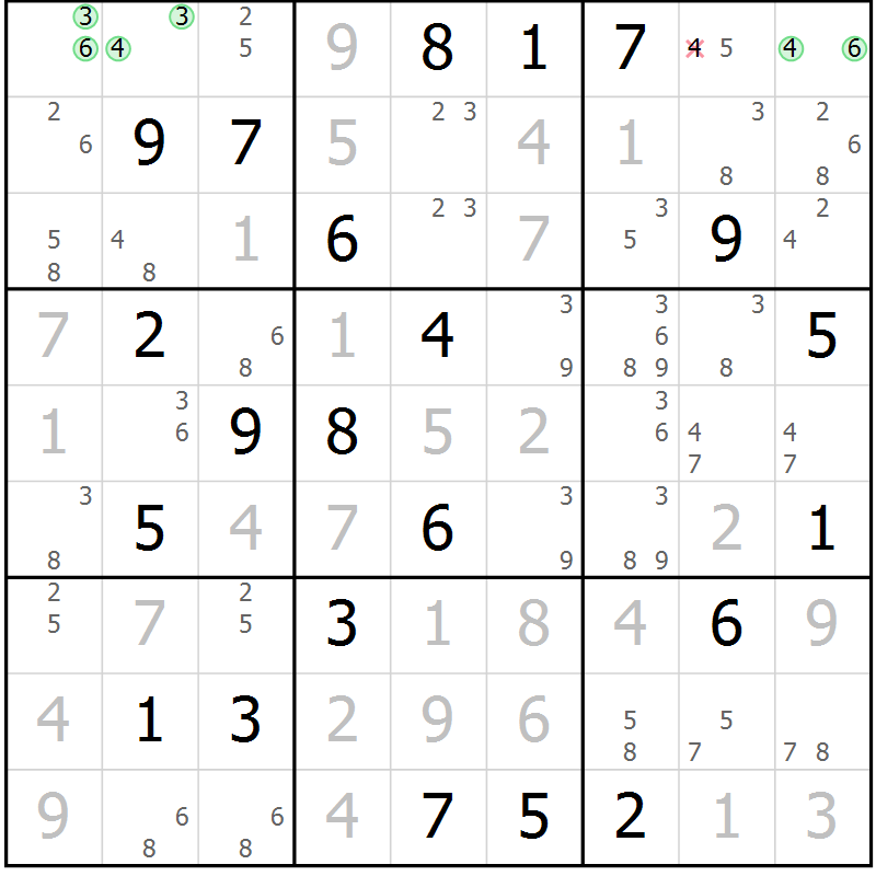 Position des candidats pour la solution de la Gr 122 page 125 du magazine de sudoku Giga sudoku niv 6-8 n° 032