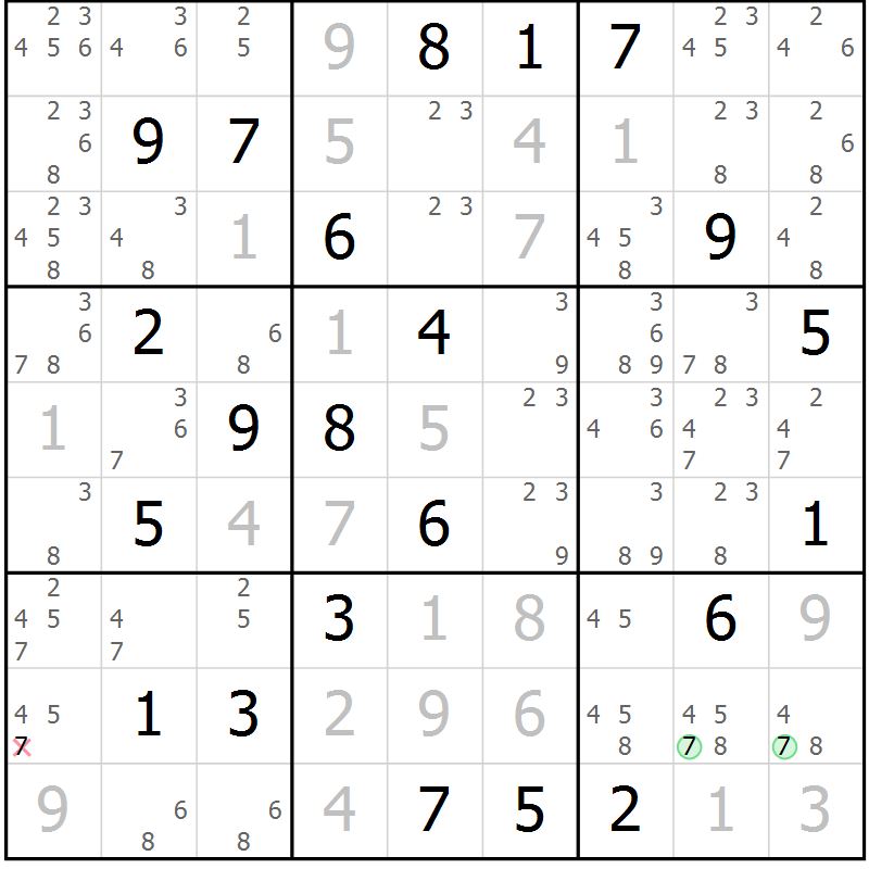 Position des candidats pour la solution de la Gr 122 page 125 du magazine de sudoku Giga sudoku niv 6-8 n° 032