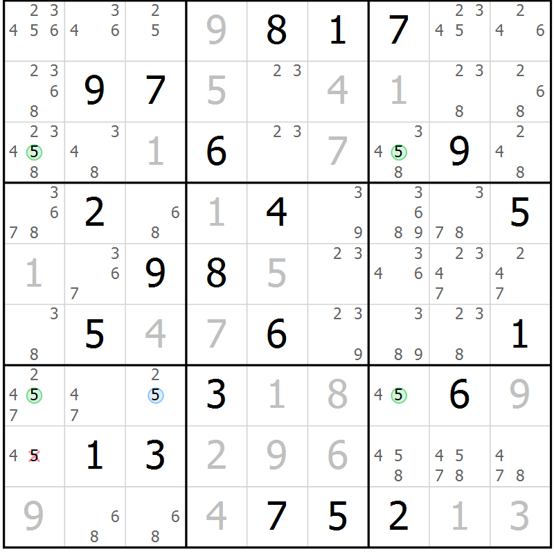 Position des candidats pour la solution de la Gr 122 page 125 du magazine de sudoku Giga sudoku niv 6-8 n° 032